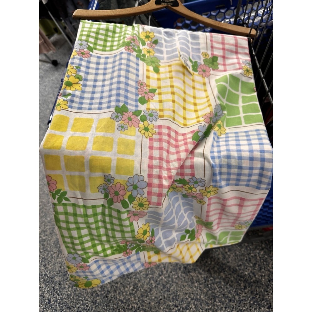 VTG Flat Sheet 70's Cannon Monticello Colorful Patchwork Gingham Floral 90x104
